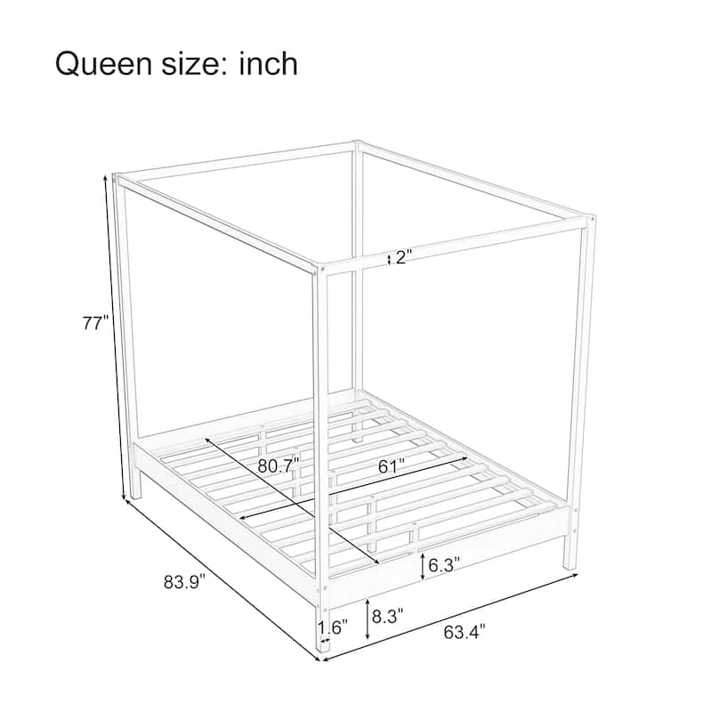 Solid Wood Canopy Bed Frame Four Poster Platform Bed with Slats Support