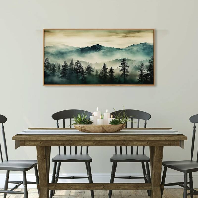 Green Foggy Forest Mountain Framed Canvas Wall Art Set