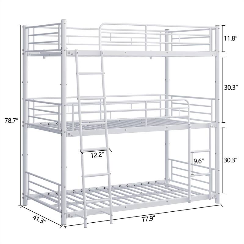 Heavy Duty Metal Triple Twin Bunk Bed with Guardrails, Ladder & Storage, Easy to Assemble