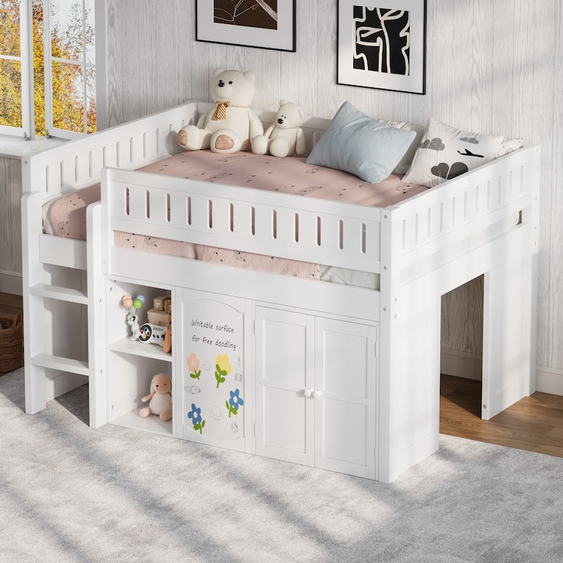 GDFStudio - Solid Wood Full Size Loft Bed with Storage & Chalkboard Panel