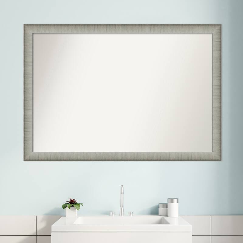 Non-Beveled Bathroom Wall Mirror - Elegant Brushed Pewter Narrow Frame