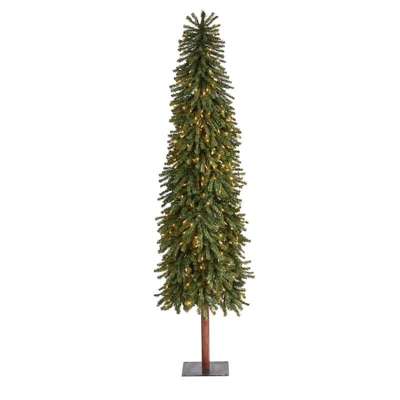 7ft Artificial Christmas Tree with Lights - Slim Alpine Holiday Decor, Bendable Branches - Green - 84