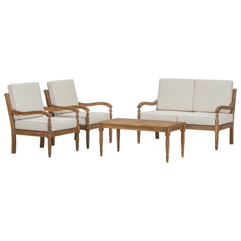 Roomfitters 4 Piece Outdoor Sofa Set Acacia Wood Deep Seating Patio Furniture, Natural Beige