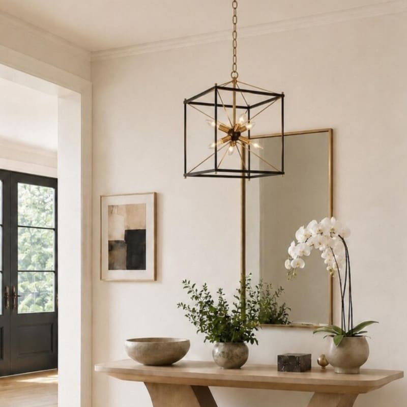 Leno Gold 6-Light Starburst Pendant with Black Square Frame for Kitchen Island