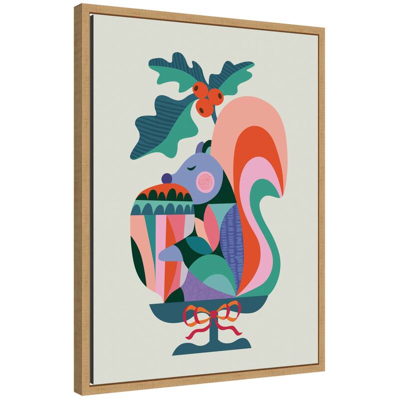 Kate and Laurel Sylvie Framed Canvas Winter Squirrel Christmas Present by Rachel Lee - Brown