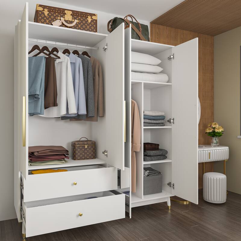 Wooden 2 Drawers 4 Doors Wardrobe Armoire With Mirror (Gray/Black)
