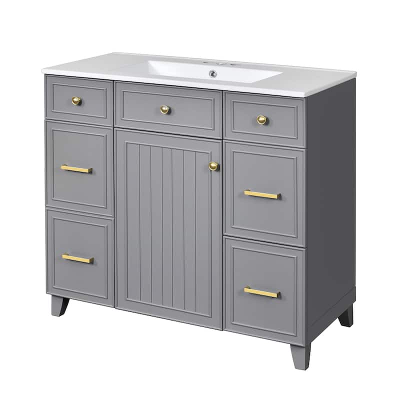 Roomfitters 36" Bathroom Vanity with Ceramic Sink, Solid Wood Frame, Soft Close Doors and 3 Drawers