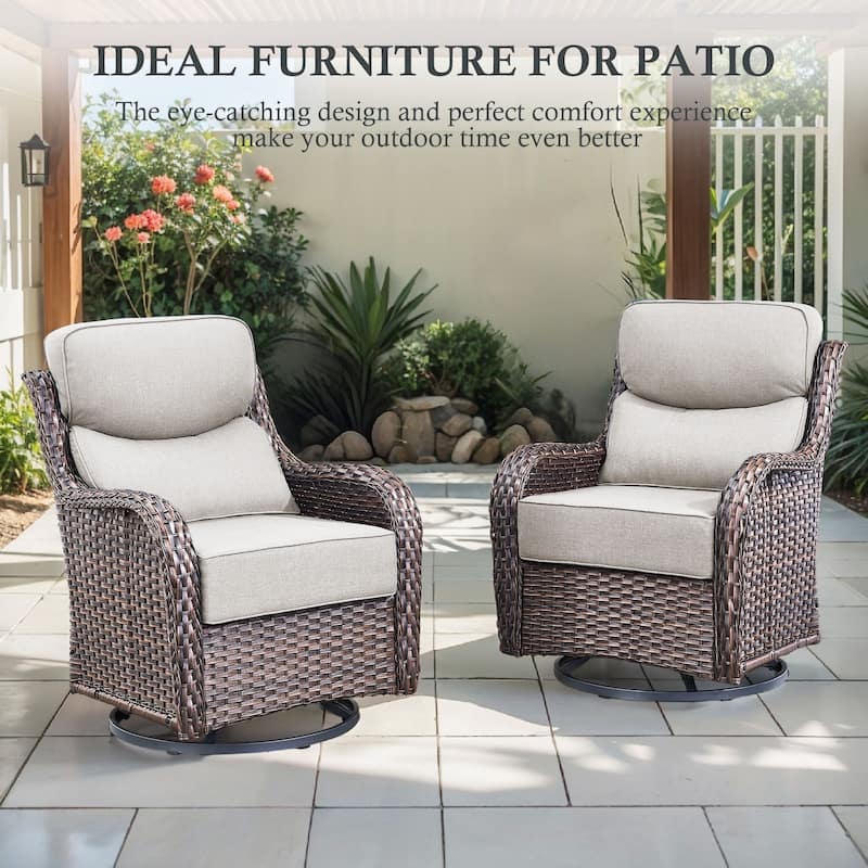 Arcadia 5-Piece Wicker Patio Set with 4 Swivel Glider Chairs and Square All-Iron Fire Pit