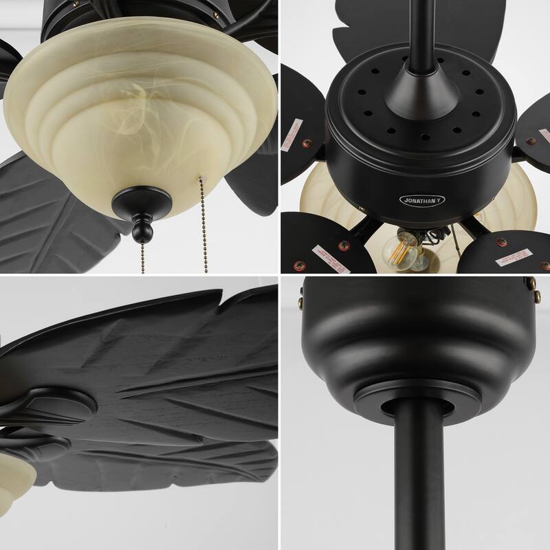 Owen 52" 3-Light Coastal Bohemian Iron/Wood Palm Leaf LED Ceiling Fan with Pull Chain, by JONATHAN Y