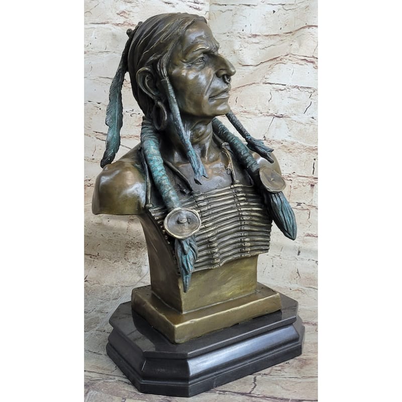 Indian Native American Chief Bust Bronze Marble Base Statue Original Art By Milo
