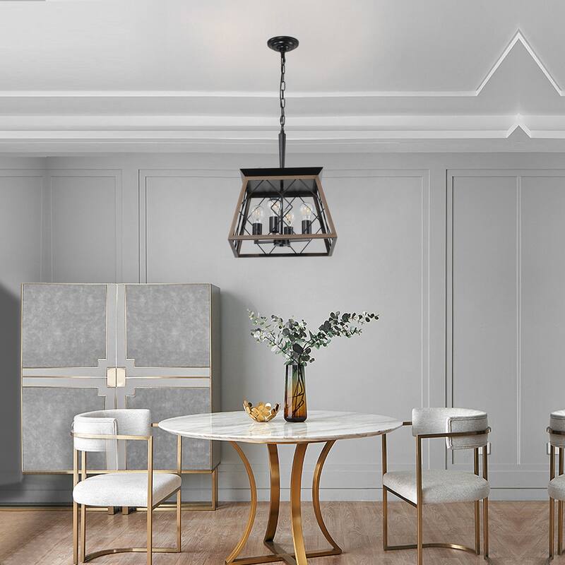 16" Walnut Industrial 4-Light Pendant Chandelier-Modern Metal Cage Design