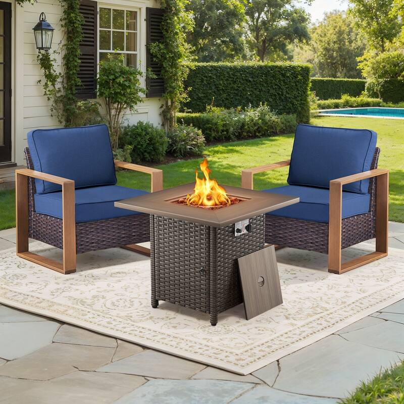 Meyreso 3-Piece Wicker Patio Conversation Set with Fire Pit & Plush 4.5" Olefin Cushions