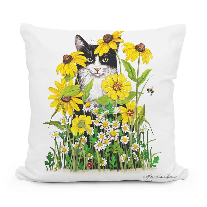 Magnolia Casual Outdoor Pillow Cat with Daisies 18x18