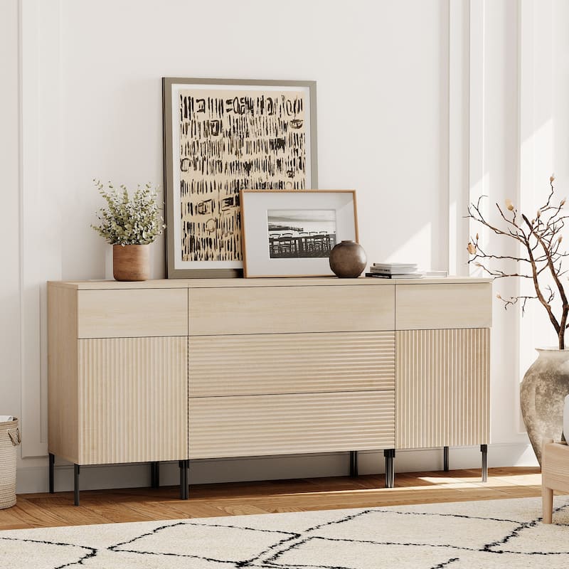 63" Modern Wood 5-Drawer Dresser With Reeded Design, Minimalist Dresser Organizer Storage