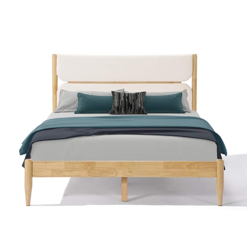 Solid Wood Bed Frame with Panel Upholstered Headboard Mid-Century Modern Platform Bed with Durable Wooden Slats, Easy Assembly