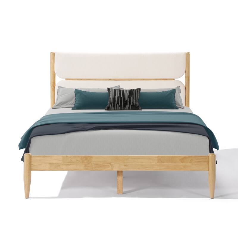Solid Wood Platform Bed Frame with Ivory Fleece Upholstered Headboard, Wood Slats Support and Center Wood Legs