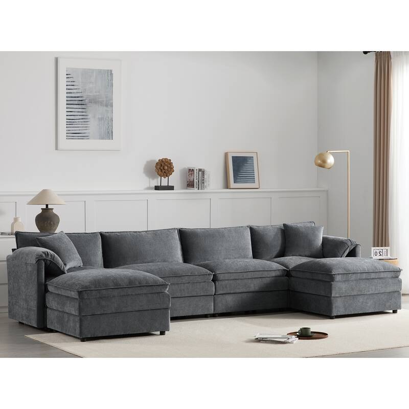 Roomfitters 136" Chenille Sectional Sofa, U Shaped Cloud Couch with Deep Wide Seat, 6 Seat Sofa with Ottoman