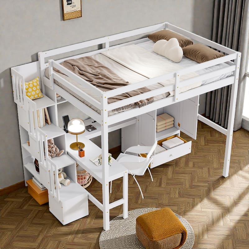 Full Size Wood Loft Bed with Desk, Wardrobe and Storage Staircase, USB Charging Station, Safety Guardrails