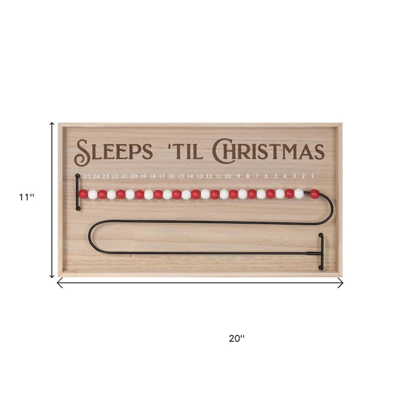 HomeRoots 11" X 20" Natural And Red Wood Sleeps 'Til Christmas Advent Calendar Hanging Wall Decor