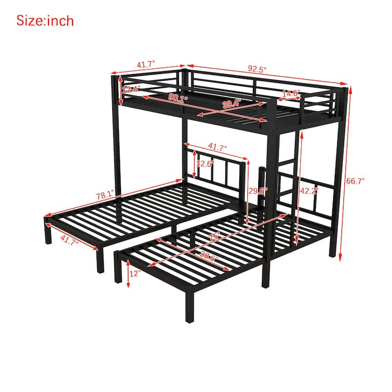 Metal Triple Bunk Bed, Twin over Twin & Twin, Black, Space-Saving Design for 3