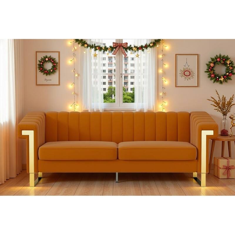 Velvet Sofa Couch for Living Room, Modern Loveseat Couch with Gold Accents, Apartment Chesterfield Sofa
