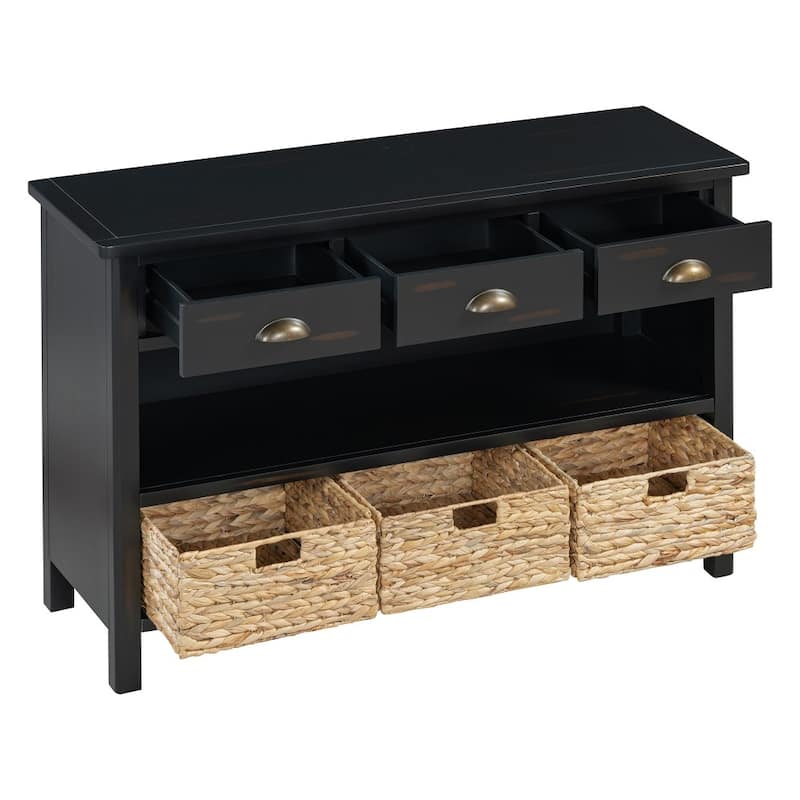 Retro Wooden Console Table with 3 Storage Drawers and Woven Baskets for Entryway