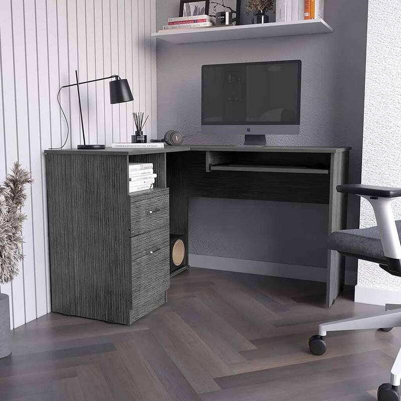 L-Shaped Desk Bradford, Keyboard Shelf, Smokey Oak Finish,High quality and durable