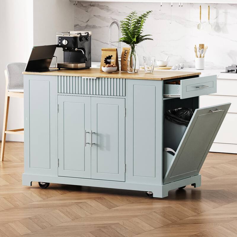 Fluted Kitchen Island with Trash Can Storage Cabinet, Power Outlet,3 Open Side Racks for 10 Gallon Garbage Bin
