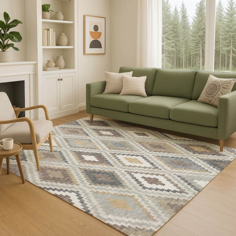 Machine Washable Indoor/ Outdoor Global Geo Chantille Rug