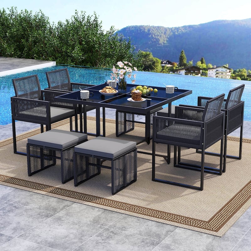 Costway 9 PCS Patio Dining Set with PE Rattan Chairs Tempered Glass - See Details - Black+Gray