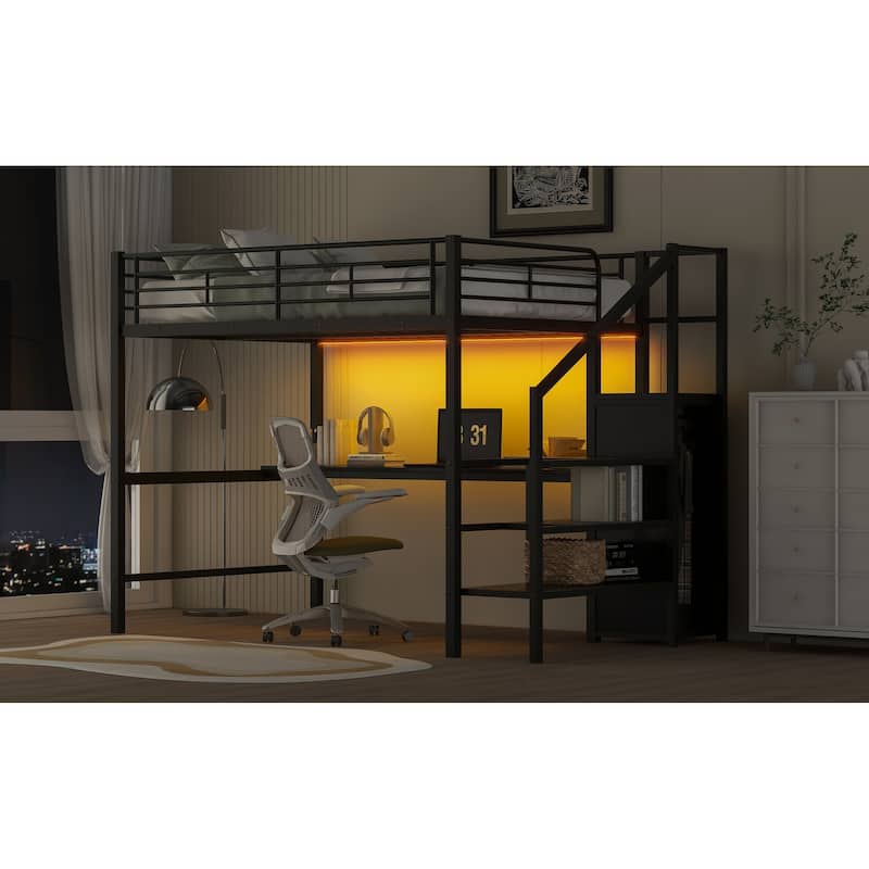 Black Metal Loft Bed Frame with Desk, Wardrobe, Storage Staircase, LED Light, Full Size Hight Bedframe with Metal Slat Support