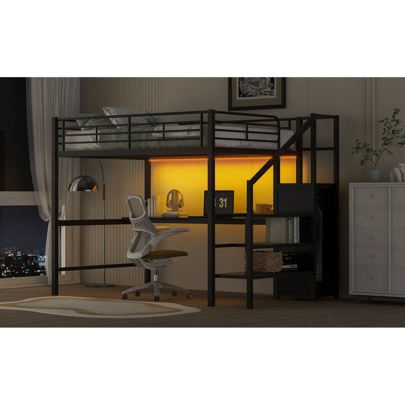 Full Size Metal Loft Bed with Desk, Storage Staircase, and Wardrobe, Black