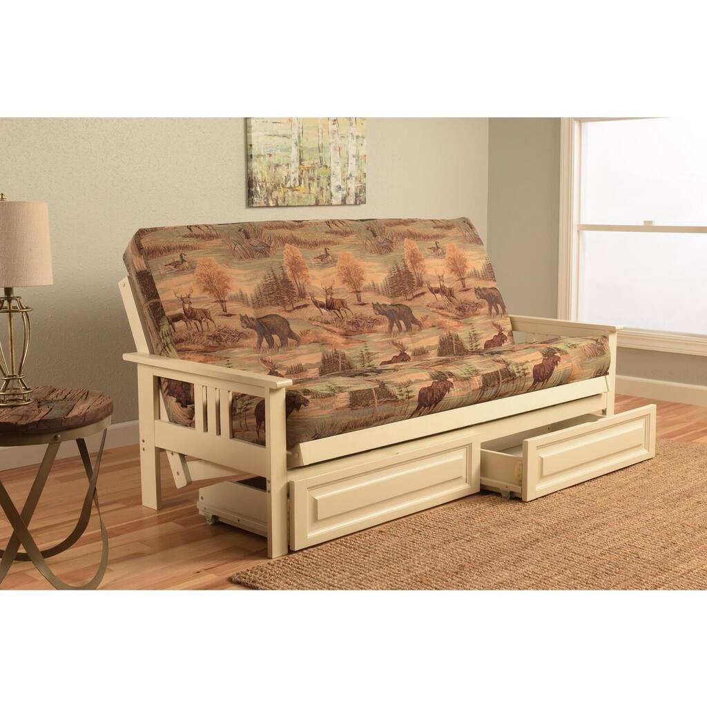 79 in. Antique White/Canadian Polyester Upholstered Full Size Futon Set with Mattress and Storage Drawers
