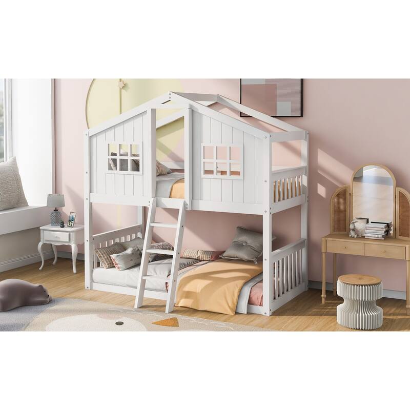 Full Size Loft Bed with Playhouse Design, Built-in Desk and Shelves
