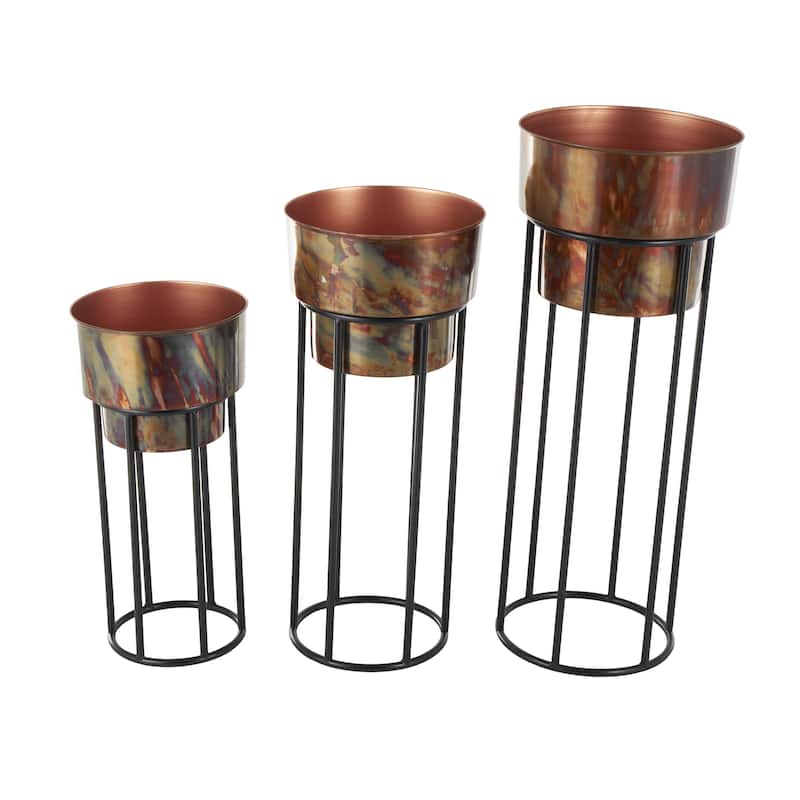 Metal Nesting Indoor Outdoor Planter with Tall Black Stands - Set of 3 Copper - Roche River Decor
