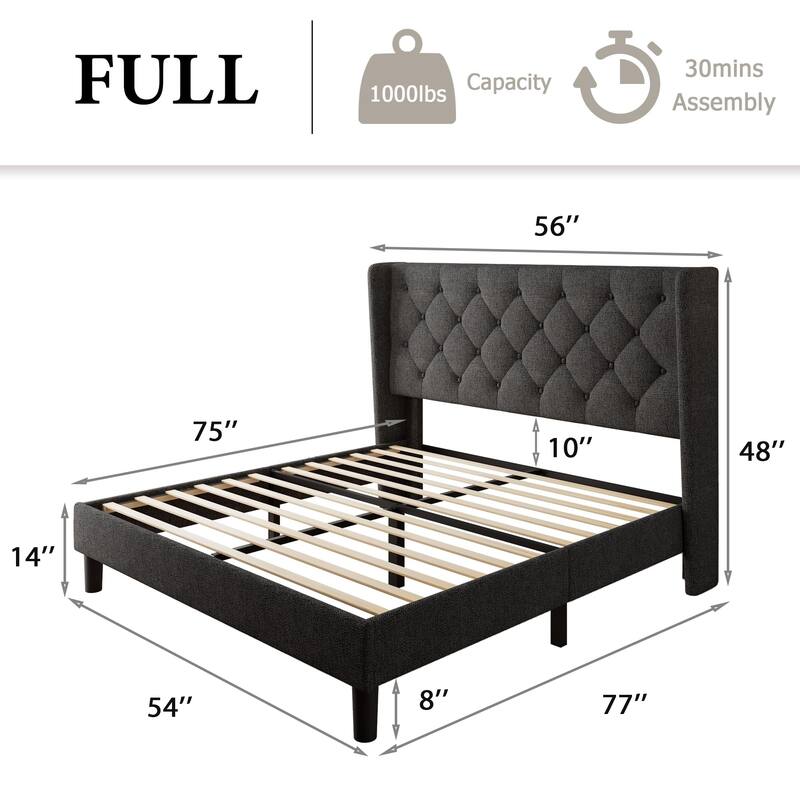 Full Bed Frame with Upholstered Wingback, Platform Bed Frame with Diamond Button Tufted Headboard, Under-Bed Space, Wooden Slats