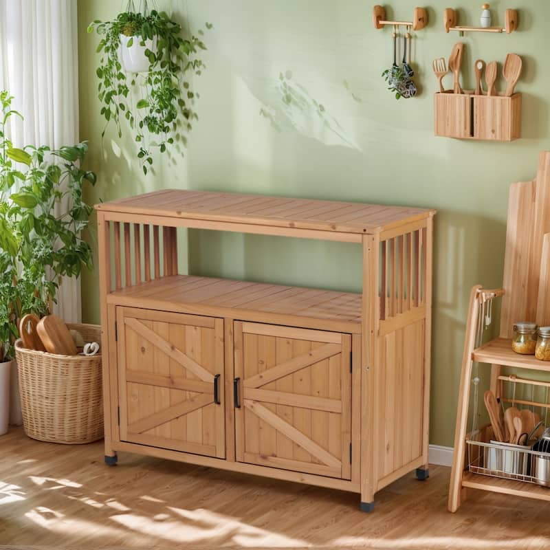 Outdoor Patio Storage Cabinet with Slatted Cedar, Wooden Patio Bar Table, Buffet Cabinet Sideboard Console Table