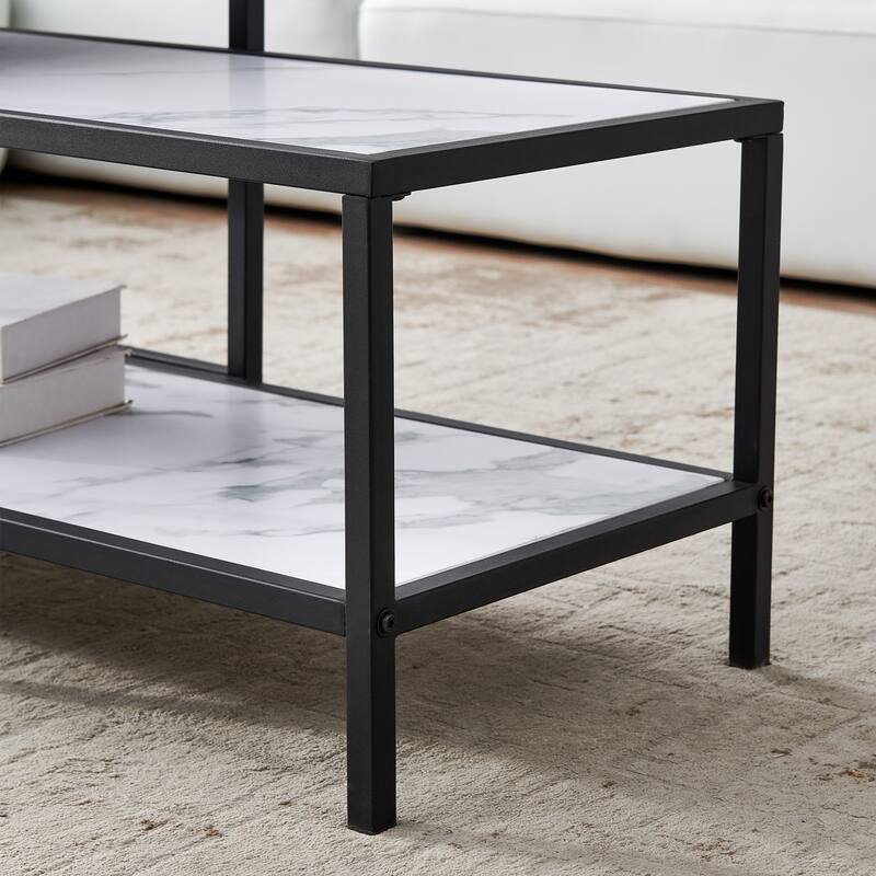 Wood marble color top Modern Nesting coffee table Square & rectangle With Black metal frame