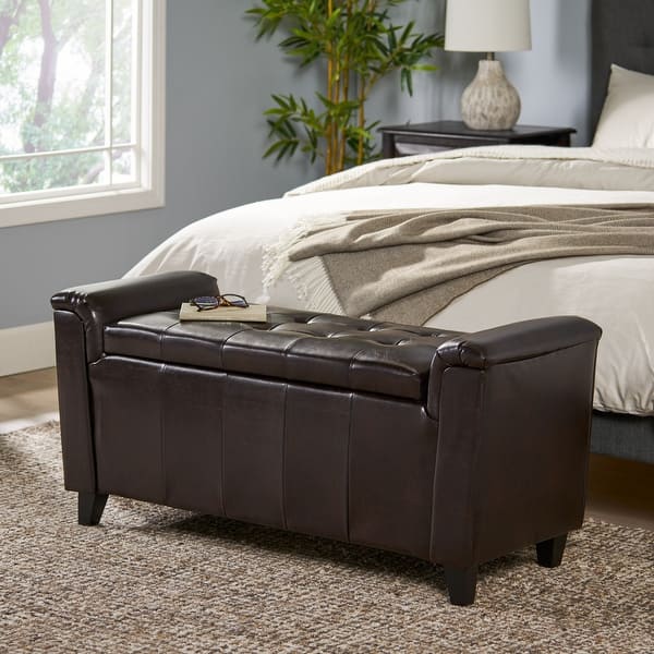Alden Tufted Faux Leather Armed Storage Ottoman Bench by Christopher