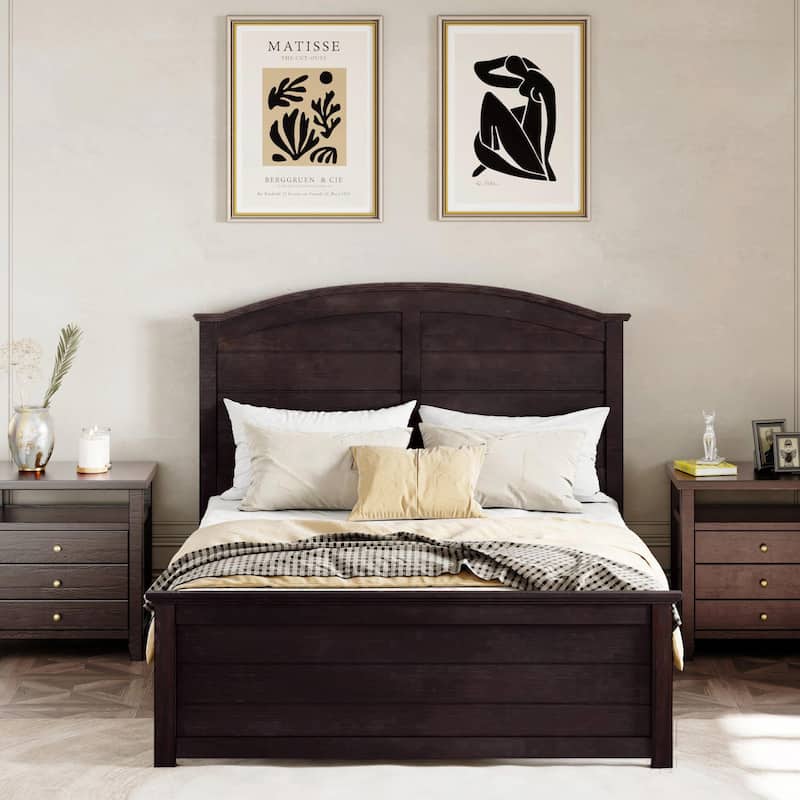 Farmhouse Wooden Platform Bed with Curled Design Headboard and Footboard