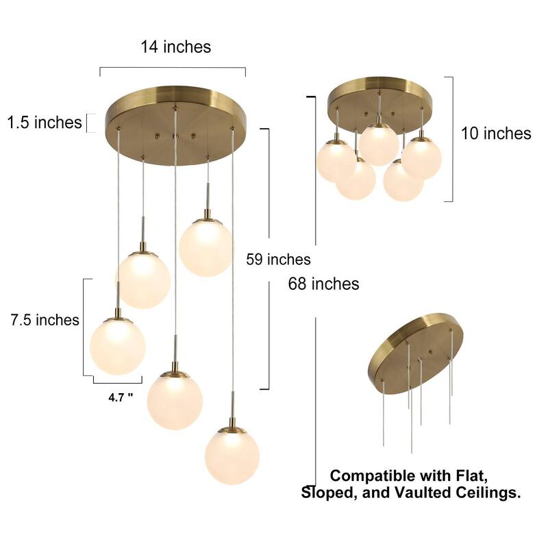 Icey Modern 5-Light Gold LED Chandelier Glass Pendant Light for Dining Room