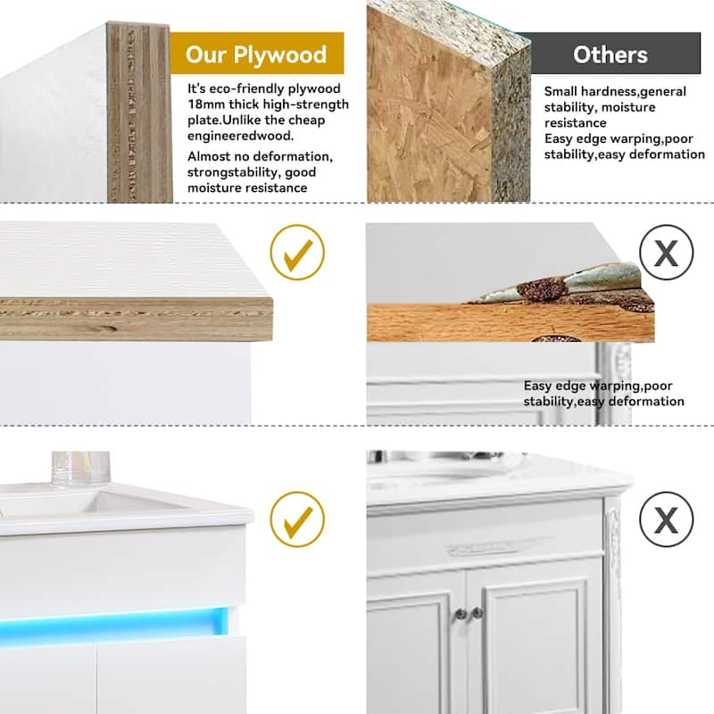 Bathroom Vanity with Sink, Radar Sensing Light & Large Space Storage