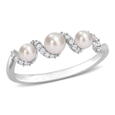 Miadora Cultured Freshwater Pearl and 1/10ct TDW Diamond Swirl Ring in 14k White Gold