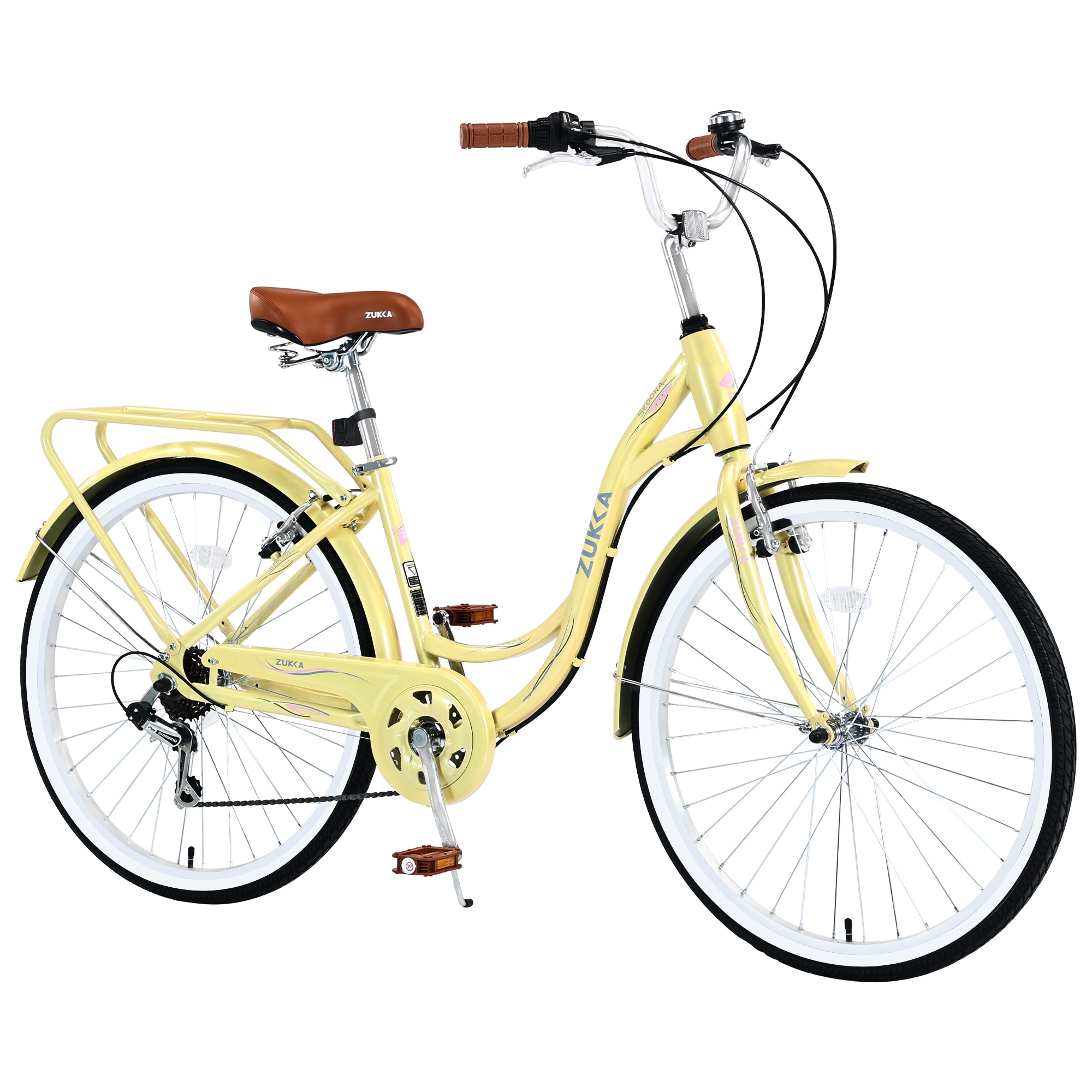 Shimano 7-Speed 24-Inch Women's Bicycle, Steel Frame, Front & Rear V Brakes, Brown Leather Saddle