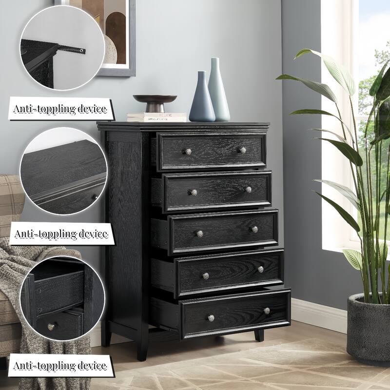 Black Farmhouse 5-Drawer Dresser, Living Room Closet Organizer