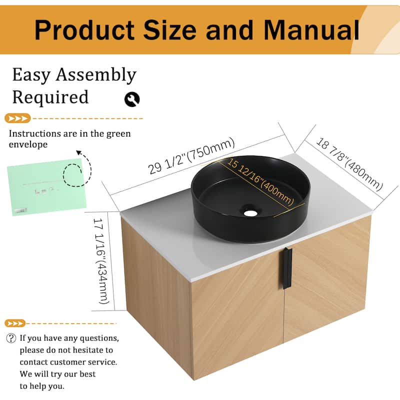 Malwee 30"/36" Floating Bathroom Vanity, Wall Mounted Bathroom Vanity with Ceramic Sink and Soft Close Door