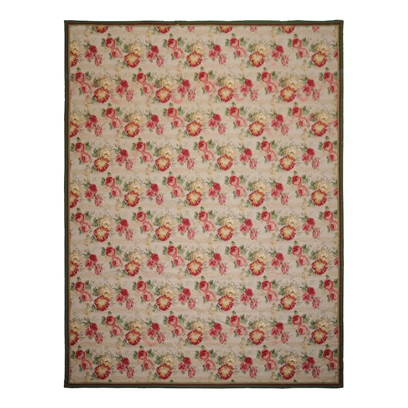 8'10''x11'11'' Hand Woven Wool Modern Floral Botanical Ivory French Aubusson Needlepoint Rug - 8' 10'' x 11' 11'' - 8' 10'' x 11' 11''