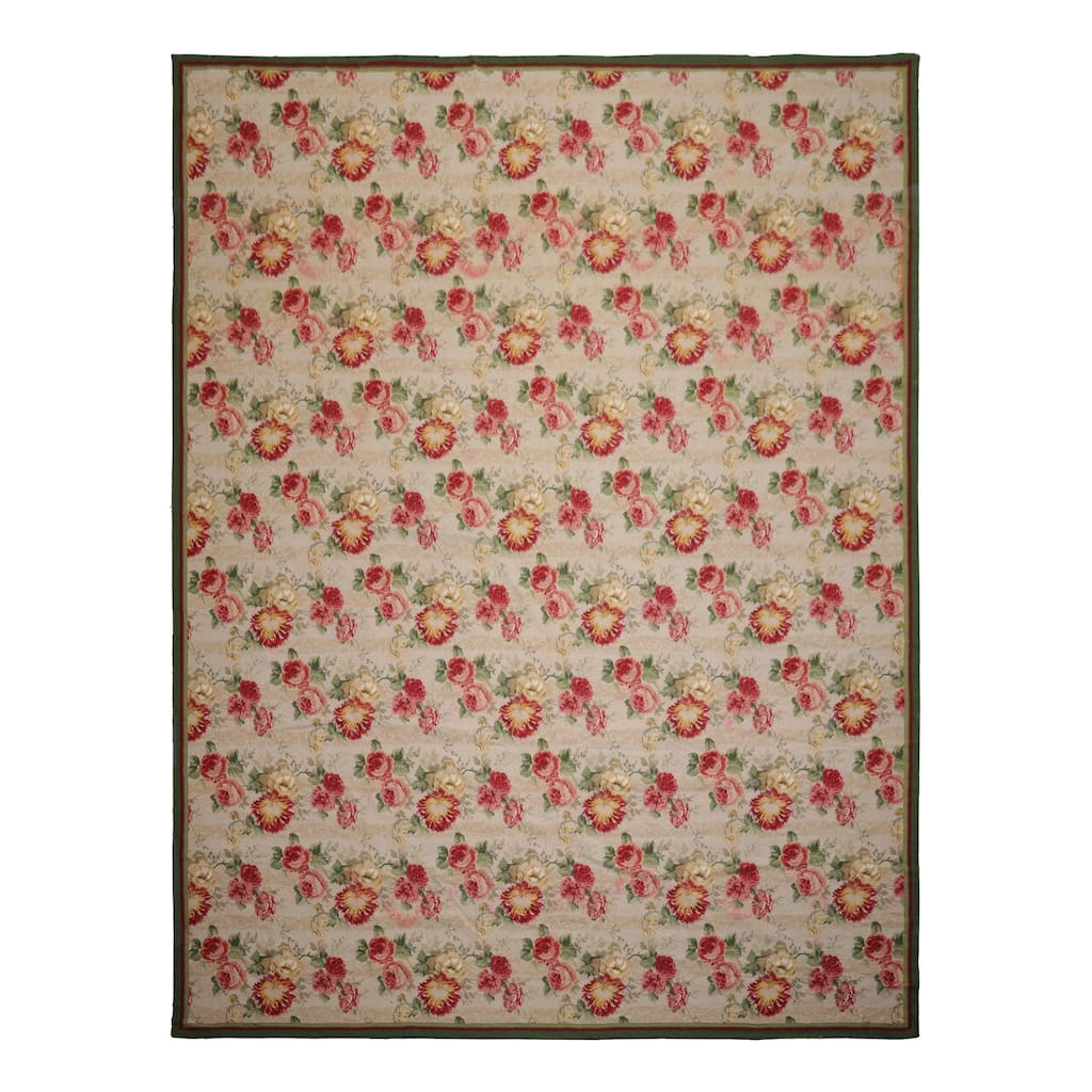 8'10''x11'11'' Hand Woven Wool Modern Floral Botanical Ivory French Aubusson Needlepoint Rug - 8' 10'' x 11' 11''