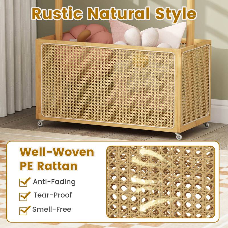 Costway Bamboo Clothes Rack with Rattan Storage Basket & Wheels, - See Details