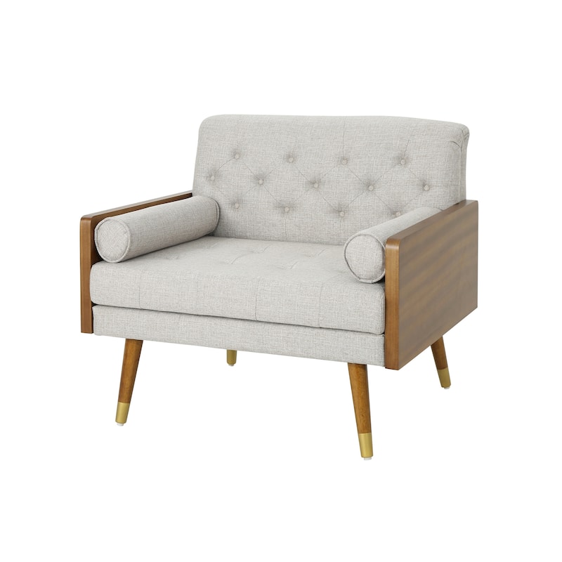 Modern 37.75" Upholstered Button Tufted Club Chair with Rolled Accent Pillows and Wood Frame